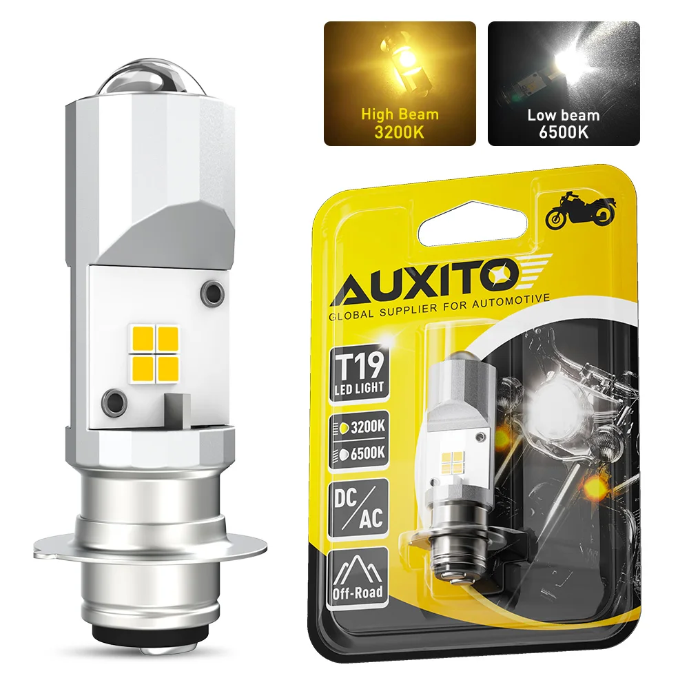 AUXITO 1Pcs T19 P15D LED Bulb Motorcycle Headlight 12V 6500K/3200K Dual Color Scooter P15D-25-1 Moto Motobike Lamp Super Bright