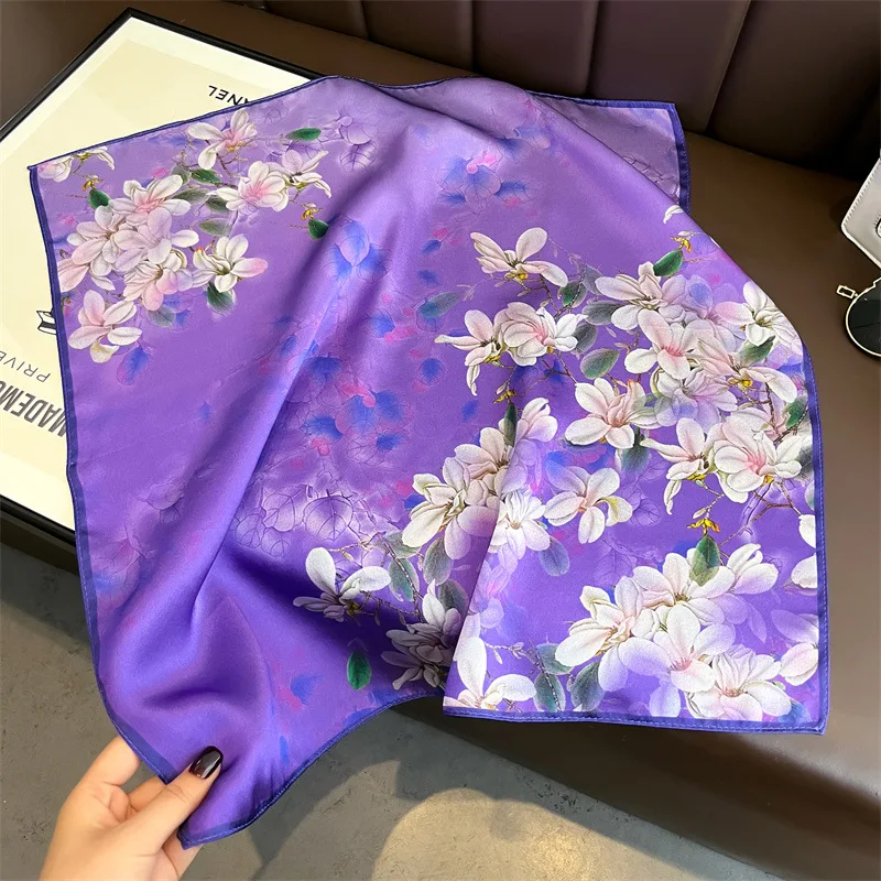 2024 NEW Hangzhou Silk Korean Version Romantic Purple Printed 53 Silk Square Women Scarf 100% Silk Scarf Thin Decorative Scarves