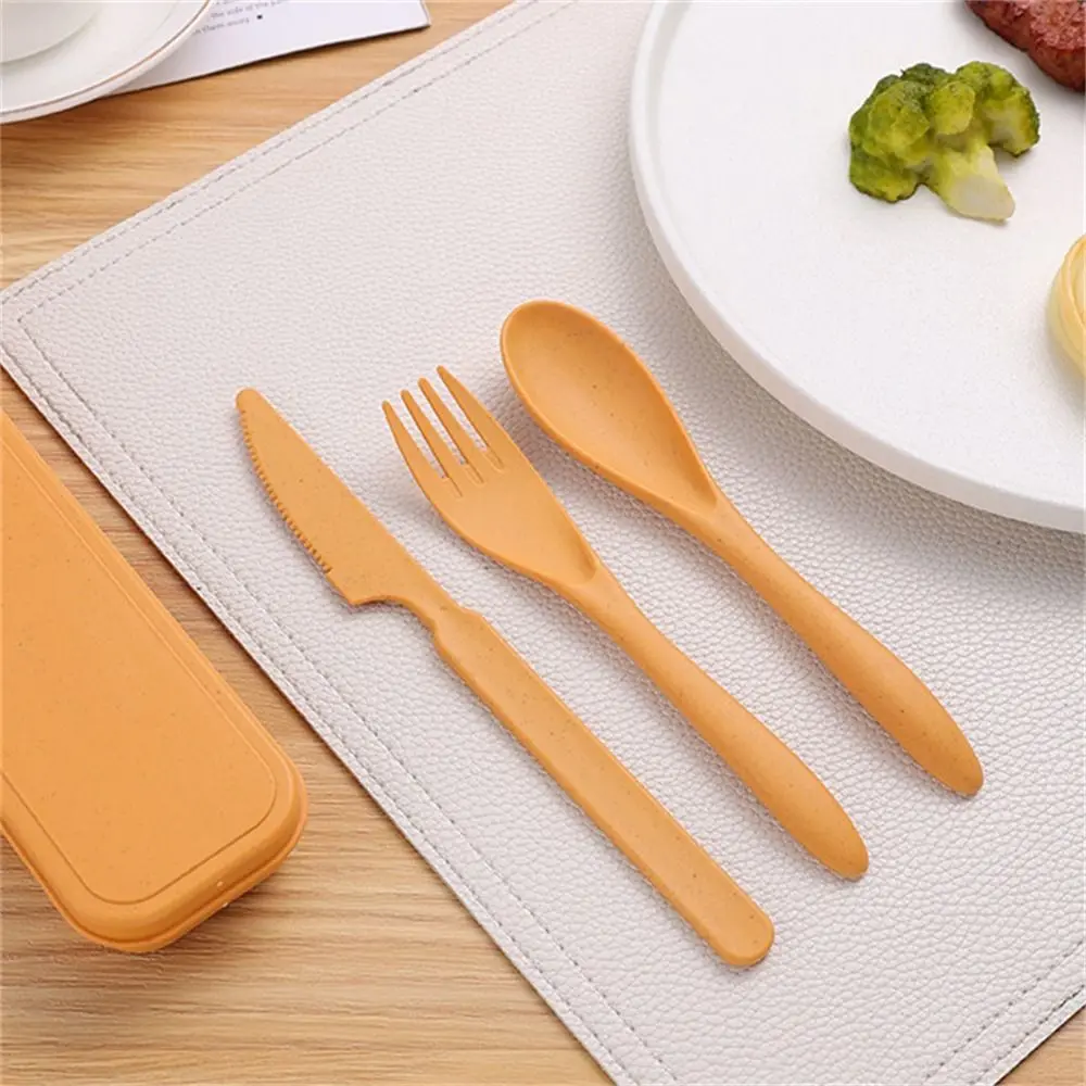 Reusable Camping Utensil Set With Case Wheat Straw Travel Utensils Ultralight Plastic Camping Spoon Fork Daily Use