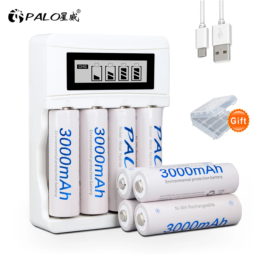 

PALO 1.2v NIMH AA rechargeable battery 3000mAh AA batteries + USB fast LCD charger For 1.2V AA AAA NI-MH Rechargeable Battery