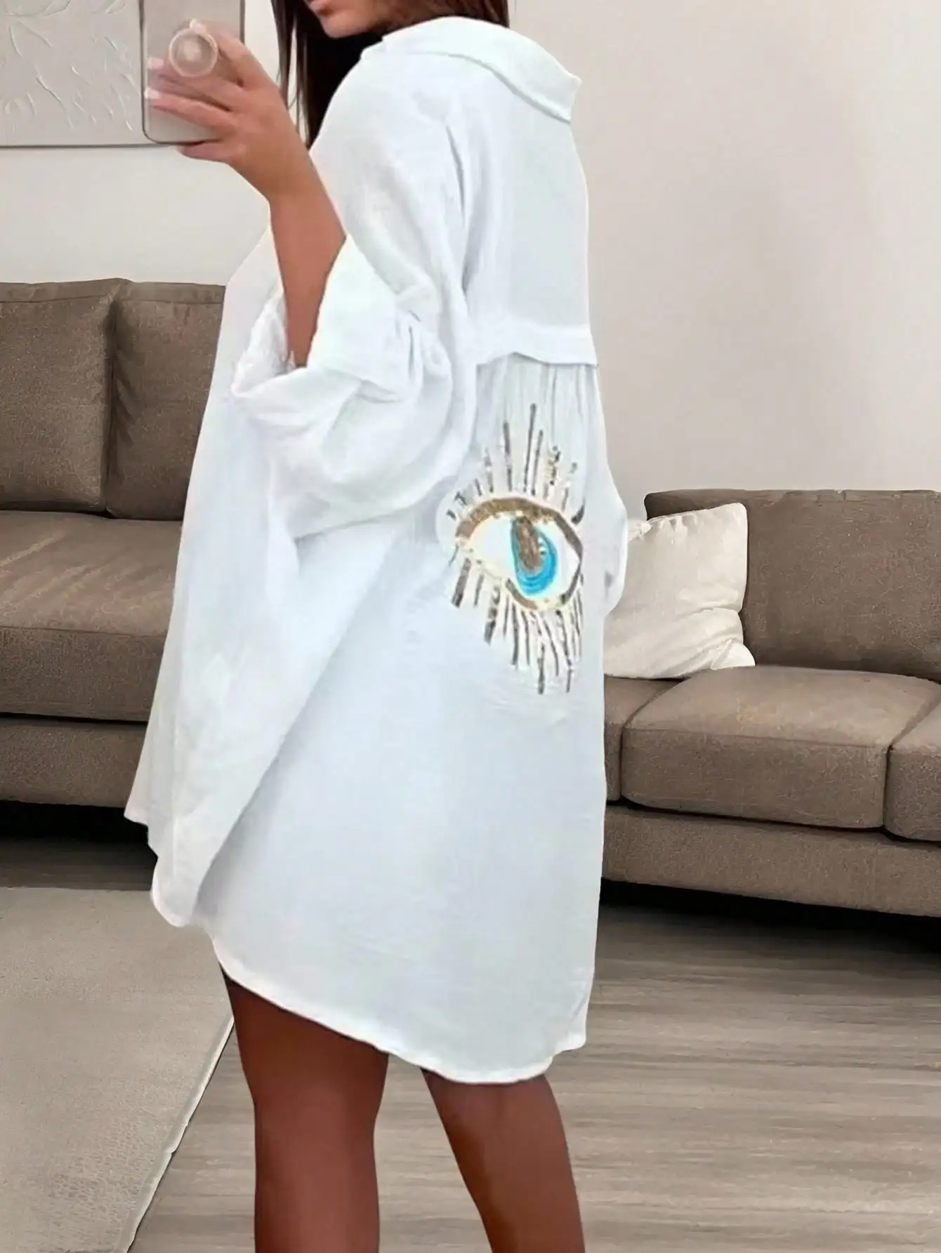 Strandjurk voor dames met oogborduurwerk met pailletten, losse pasvorm met lange mouwen voor de zomer