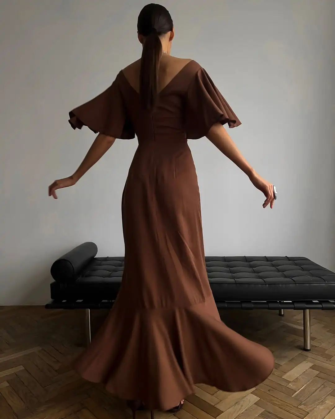 Meetlove Ankle Length Side Split V Neck Half-sleeves Prom Dresses Customized Chiffon Elegant Brown Formal Gowns 2025 Women