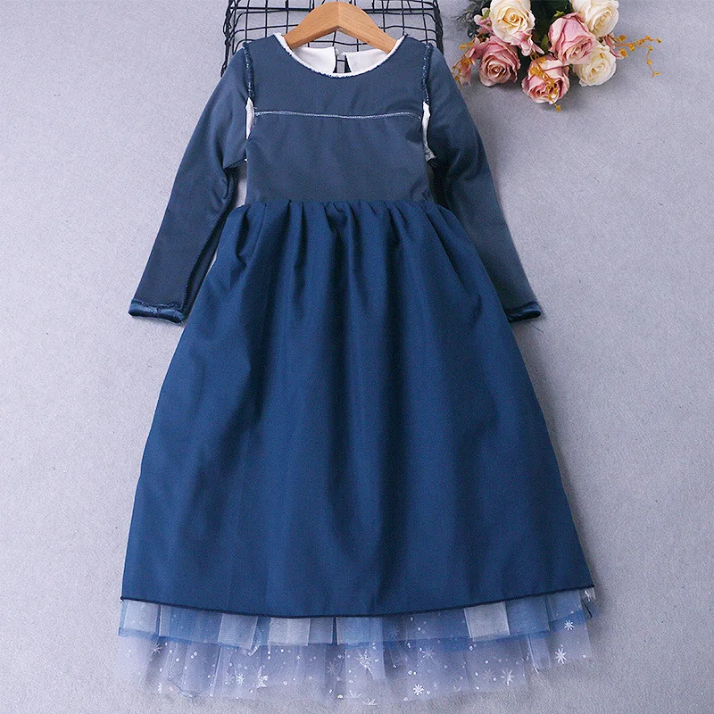 Kids Spring and Autumn Snow and Ice Princess Aisha Velvet Dress for Girls Long Sleeves Party Frocks Blue Corduroy 4-10 Years Old