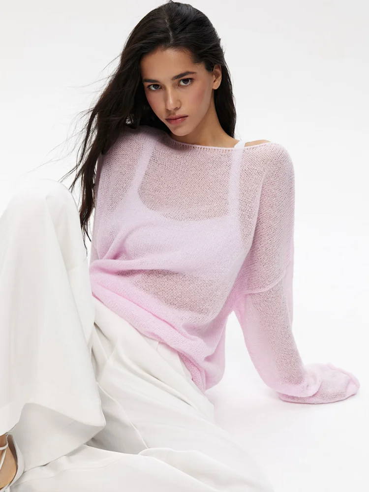 

Casual Knitted See Through Sweater For Women Fashion Solid Round Neck Full Sleeve Top 2025 Chic Autumn Lady Commute Outwear New