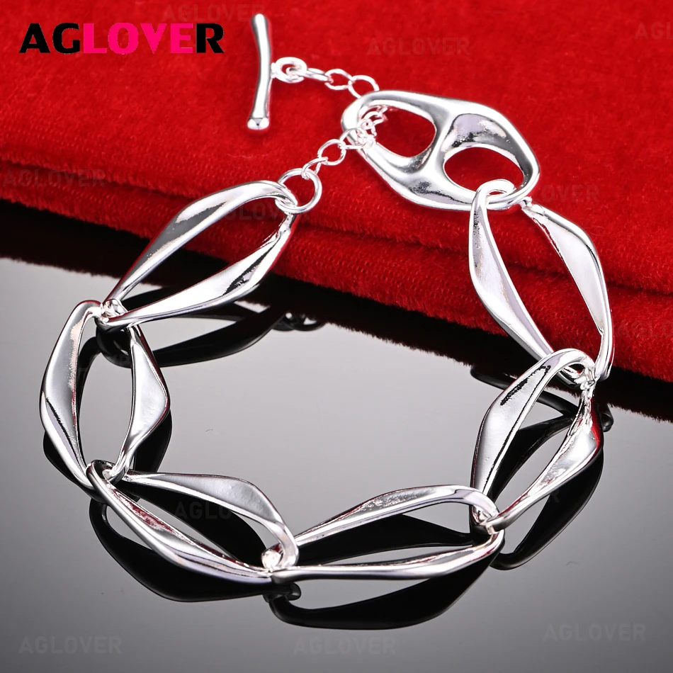 

AGLOVER 925 Sterling Silver Irregular Oval Hollow Twill Bracelet Women's Charm Holiday Gift Party Jewelry