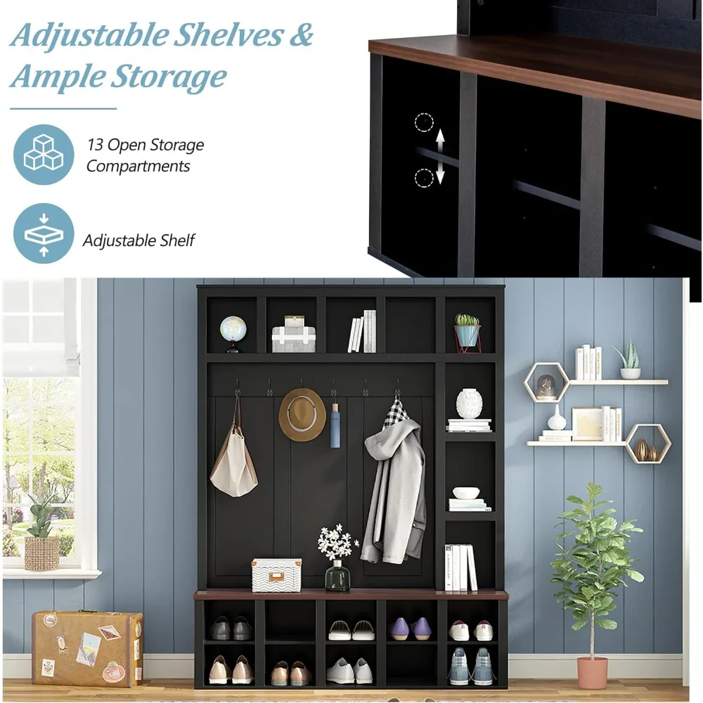 شجرة قاعة خشبية بيضاء 4 في 1 مع مقعد من خشب الجوز، 6 خطافات، أرفف قابلة للتعديل، 13 حجرة لتخزين خزانة الأحذية في المدخل