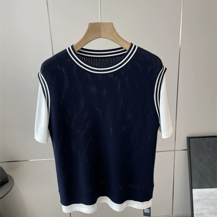 

Casual Versatile Hollow out Fake Two-Piece Knitted T-Shirt Top Women's Spring 2026 Fashion Suits All Occasions