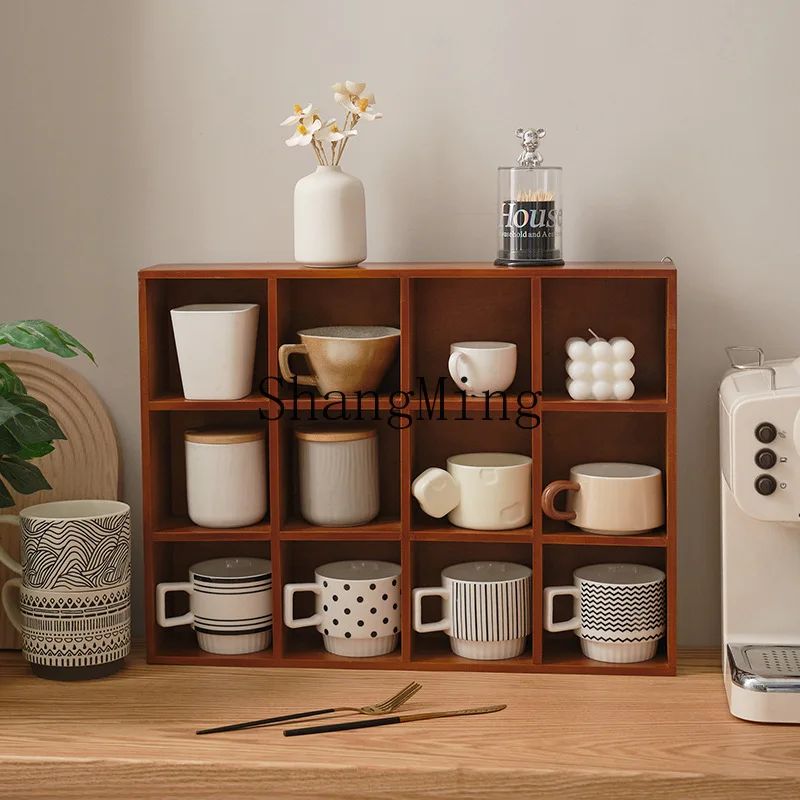 CL  wood cup  rack wooden lattice desktop storage retro storage box wall hanging vertical storage