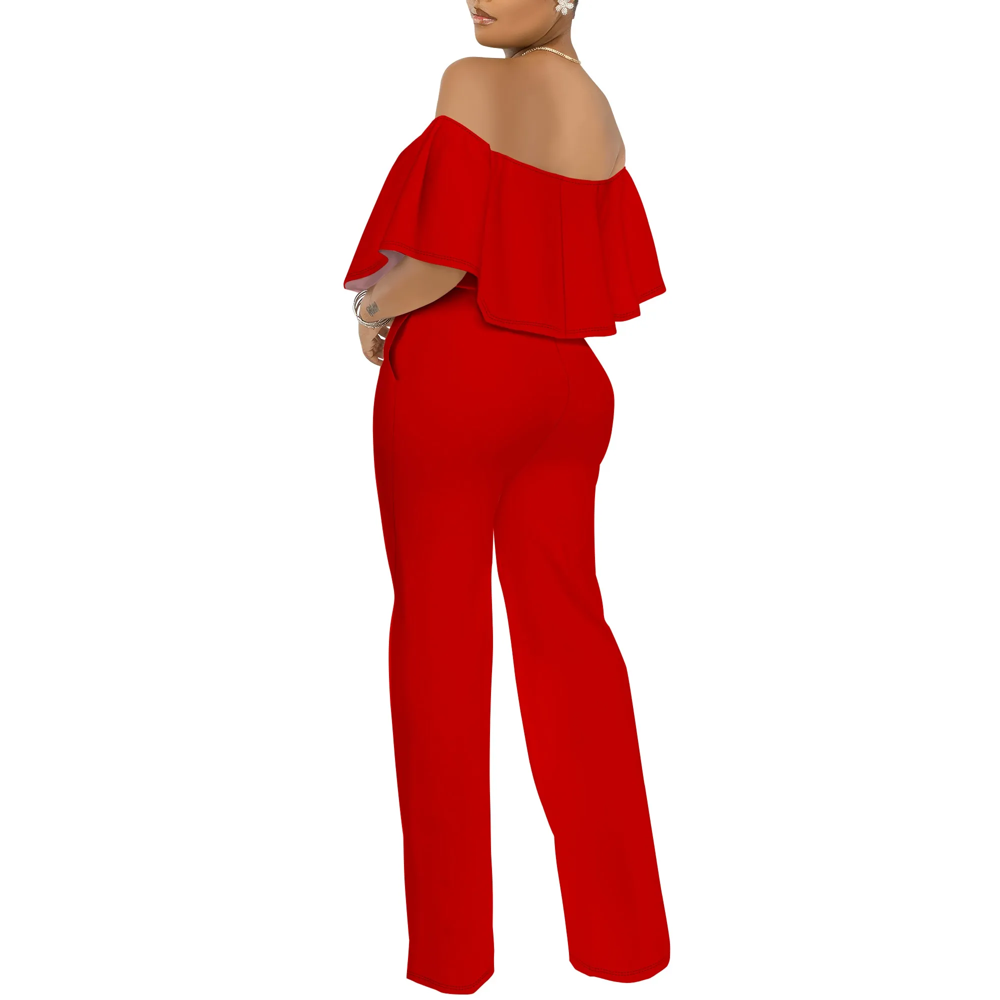 Off Shoulder Tube Top Ruffle Solid Color Jumpsuits for Women Wide Leg Pants Club Party Outfits Jumpsuit with Pockets