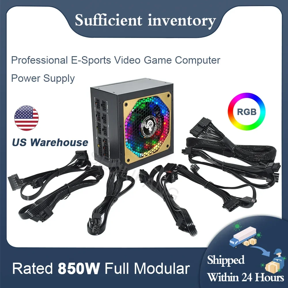 RGB ATX 850W 80Plus Gold Full Modular 12V Professional E-Sports Video Game Computer PC Power Supply For Desktop PSU US In Stock