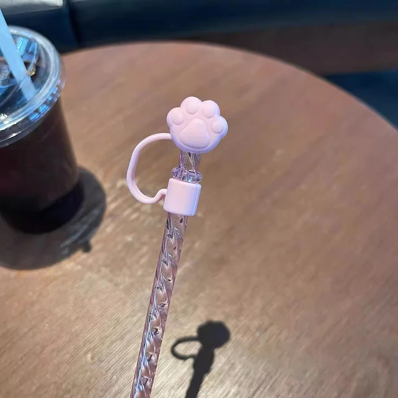 Cute Bear Straw With Dust Cover Cap Silicone Kawaii Cat Claw Straw Stoppers For Tumbler Pink Straws Tip Cover Protector 7mm