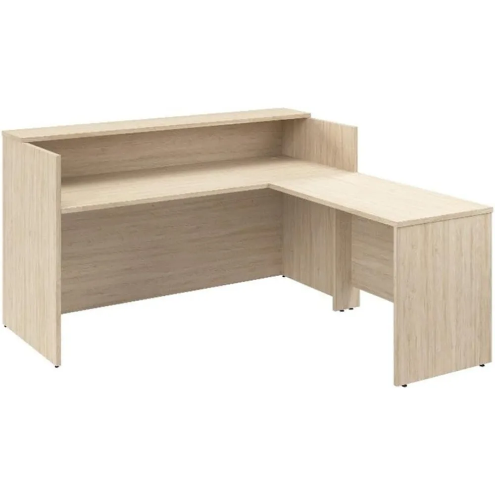 

mocha cherry 72"w x 72"d l-shaped reception desk with shelf, contemporary receptionist area for office