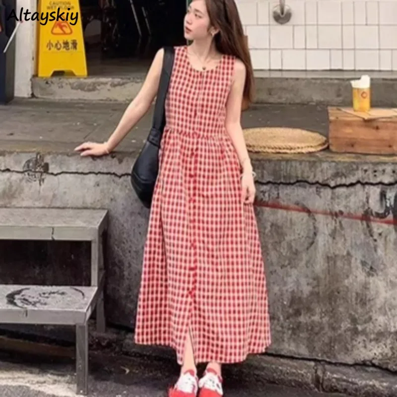 

Korean Style Dresses for Women Loose Sleeveless Red Plaid College Girls Clothing Summer Comfortable Ins Young Mid-calf All-match