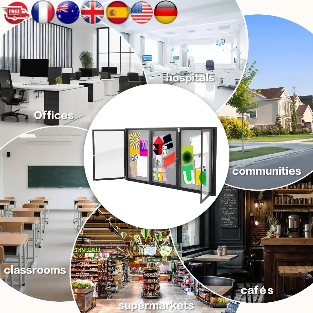 

Weatherproof Cork Noticeboard Aluminum Frame Cork Displays Boards with Glass Locking Door for School Office Classroom Commercial