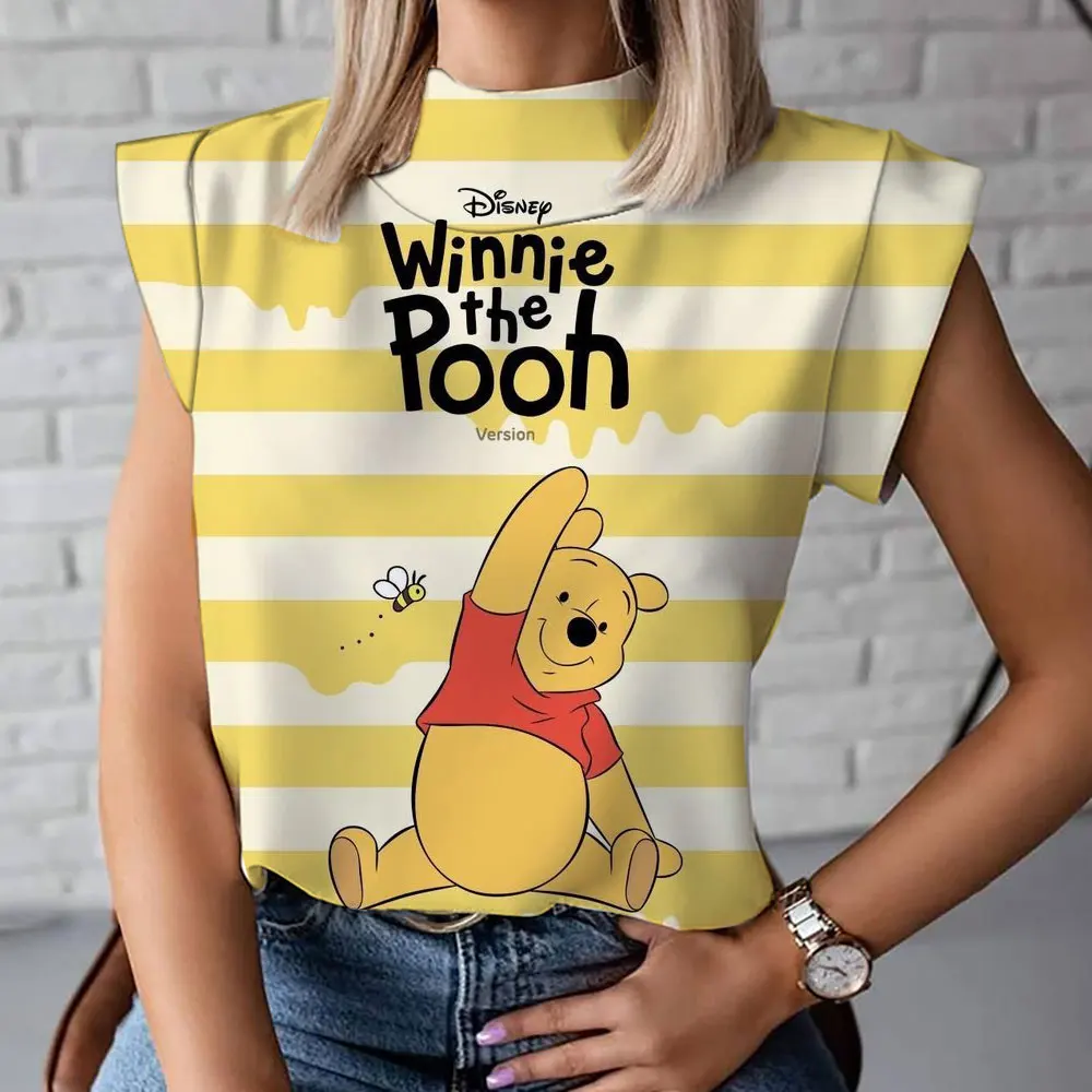 Winnie the Pooh cartoon women's high collar T-shirt fashionable and comfortable casual short-sleeved summer women's T-shirt 2024