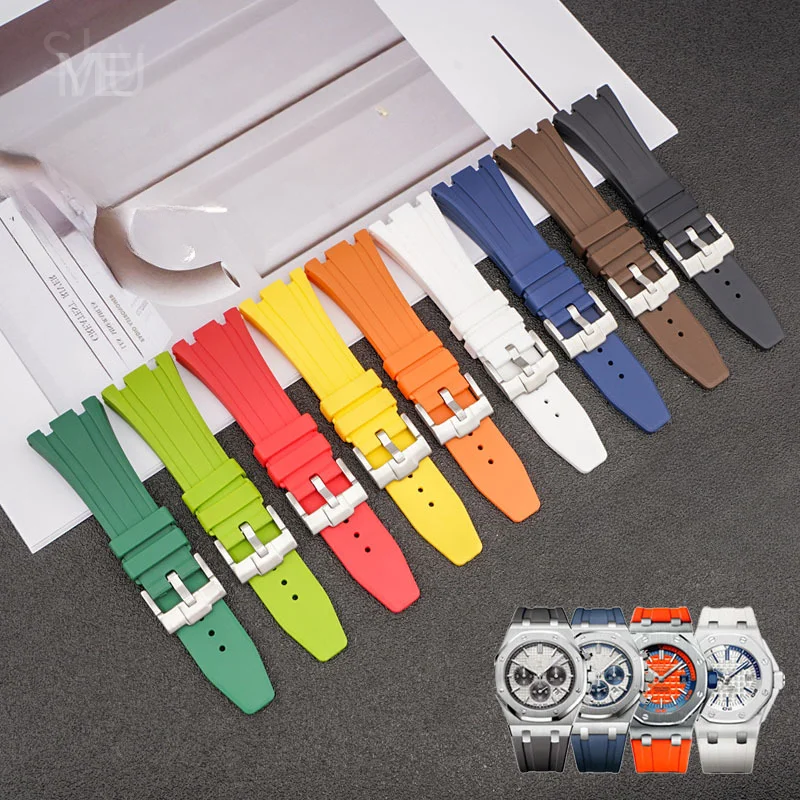 High Quality Men Silicone WatchBand for AP Royal Oak 15400 26320  Concave Interface Rose Gold Fold Steel Buckle 27mm Watch Strap