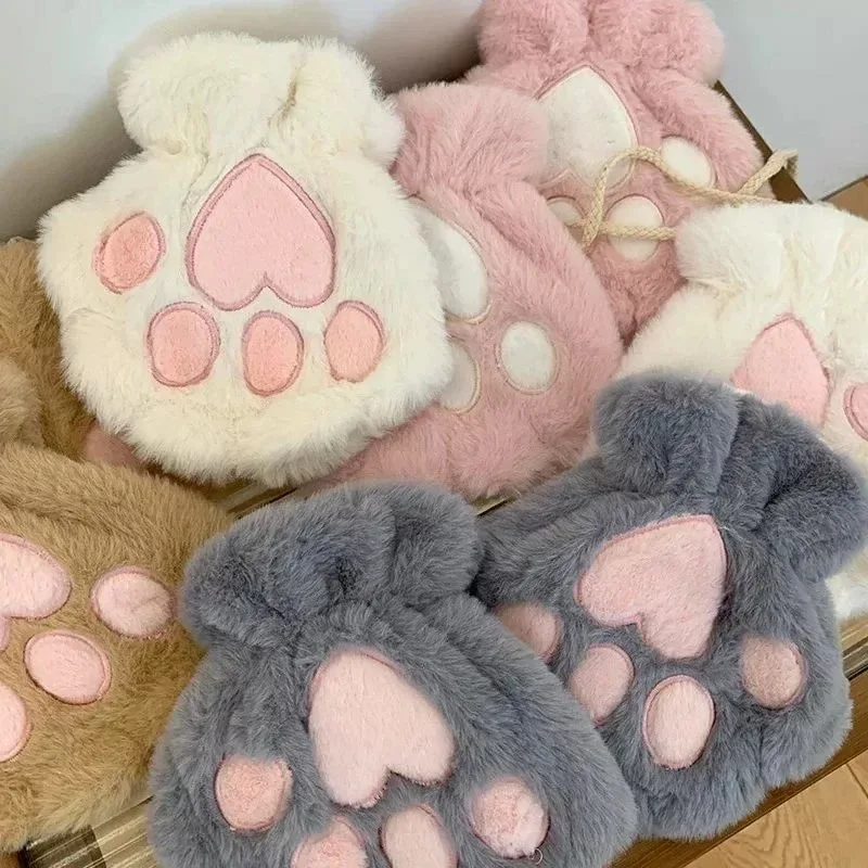 Cute Plush Cat Claw Paw Gloves for Girls Plush Mittens Warm Soft Plush Fingerless Fluffy Bear Gloves Costume Half Finger Gloves