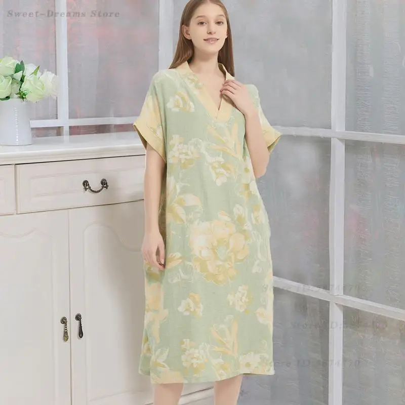 Spring Summer Short Sleeved Nightgown Cotton Jacquard Nightdress Long V-Neck Home Dressing Loose Casual Sleepwear Loungewear 6