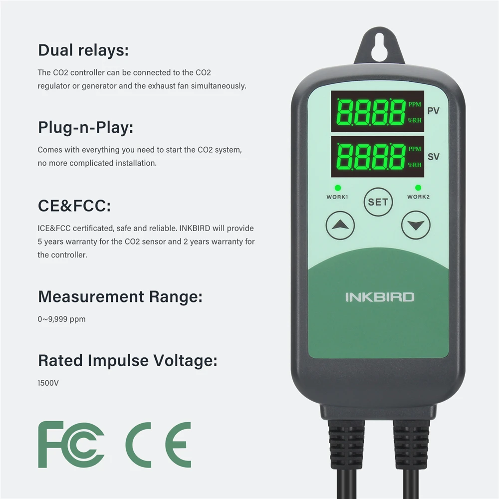 INKBIRD ICC-500T 110V Programmable CO2 Controller C02 Sensor Air Monitor for Ventilation System,Building Control,HVAC Equipment