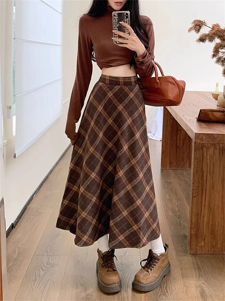 

Tweed plaid high waist half-body skirt female fall and winter new retro loose big yards leisure long A-line half-body skirt