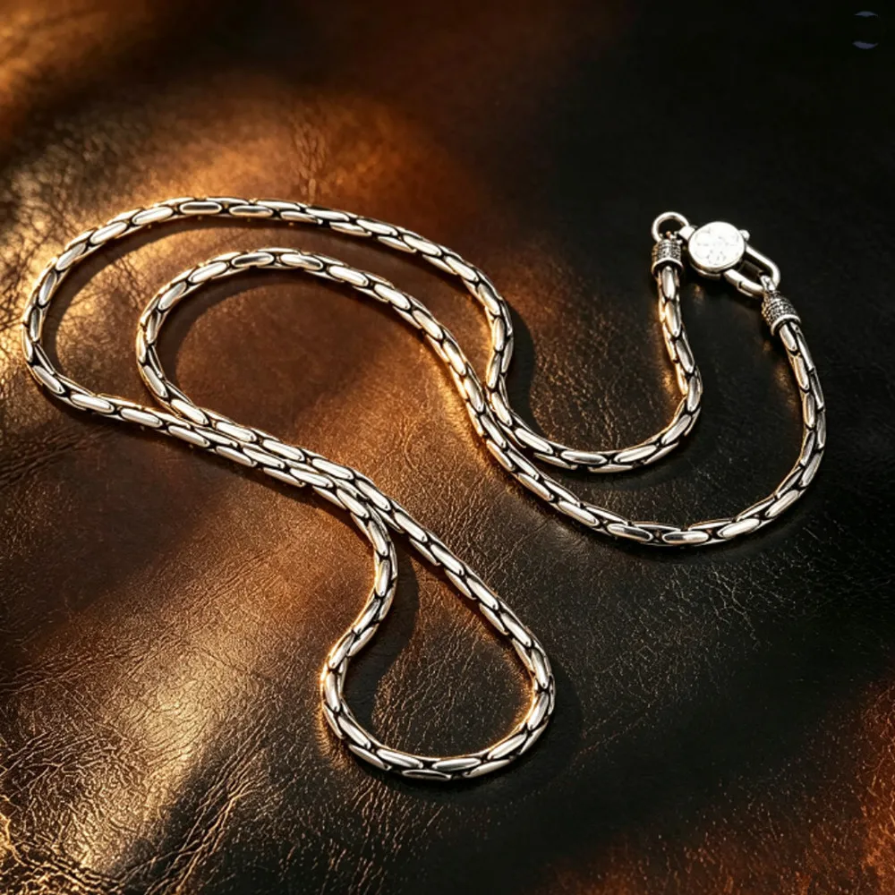 925 Sterling Silver Fashion Elegant 4MM Snake Chain Bamboo Chain Men's Necklace, Personalized Trendy Couple Style