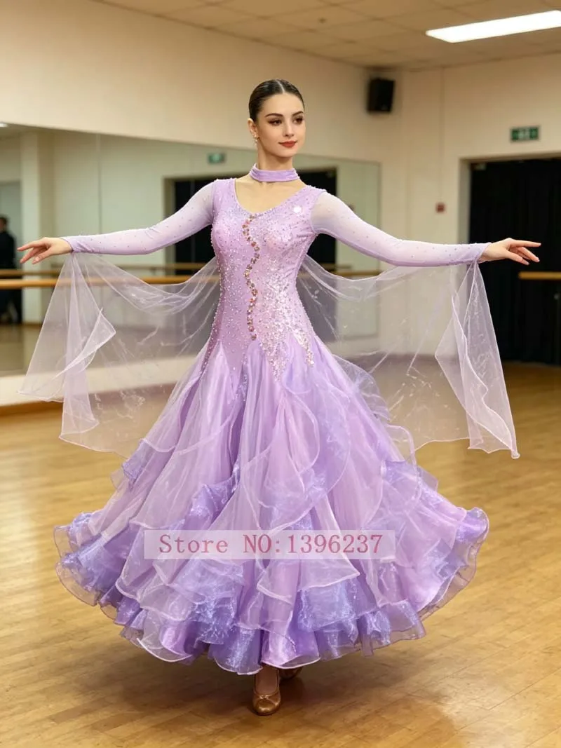 Vestidos de salón estándar para adultos, traje de baile Flamenco de vals Tango de alta calidad, vestido de baile de competición de salón Lila