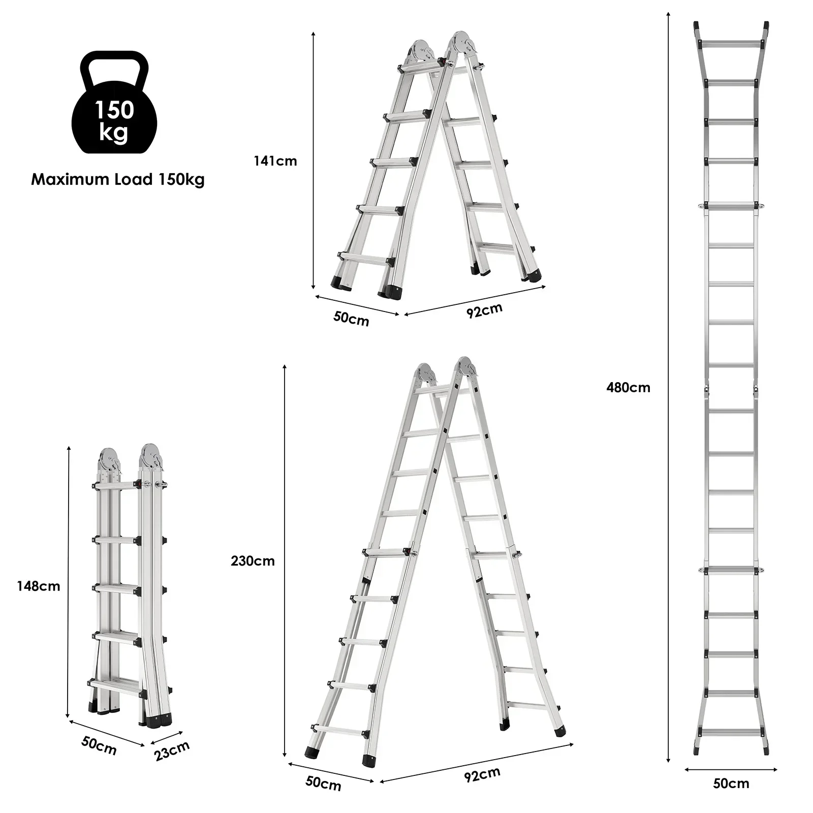 Échelle Pliante en Aluminium de 4.8m, Télescopique, Polyvalente, 150 Écrous