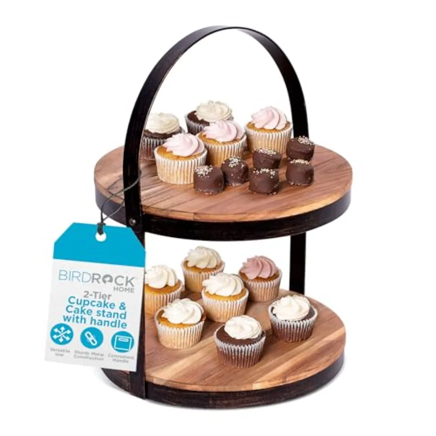 

2-Tier Cupcake and Cake Stand with Handle - Rustic Wood and Iron Dessert Serving Tray - Farmhouse Style Table Display for Cooki