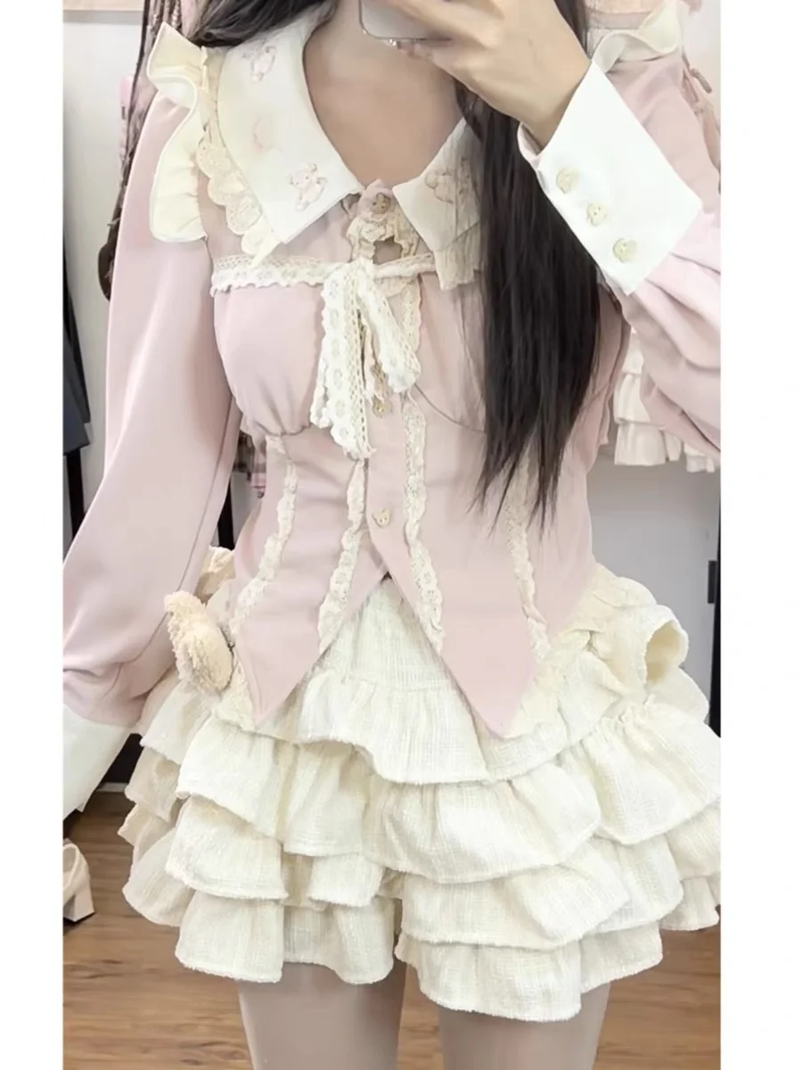 

Cute Pink Cake Skirt Set Sweet Girl Two-Piece Outfit Puffy Midi Dress Adorable Girl Student Work Uniform Fashion Spring 2024