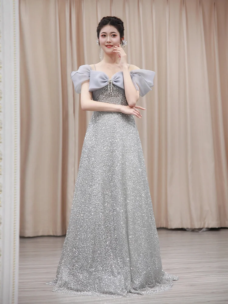 Sukienka wieczorowa L-4XL Duży Rozmiar Elegancka Cekinowa Duża Kokarda Dekolt Hiszpanka 2025 Nowa Sznurowana Wysoki Stan Sukienki Balowe Księżniczki Długie Do Podłogi