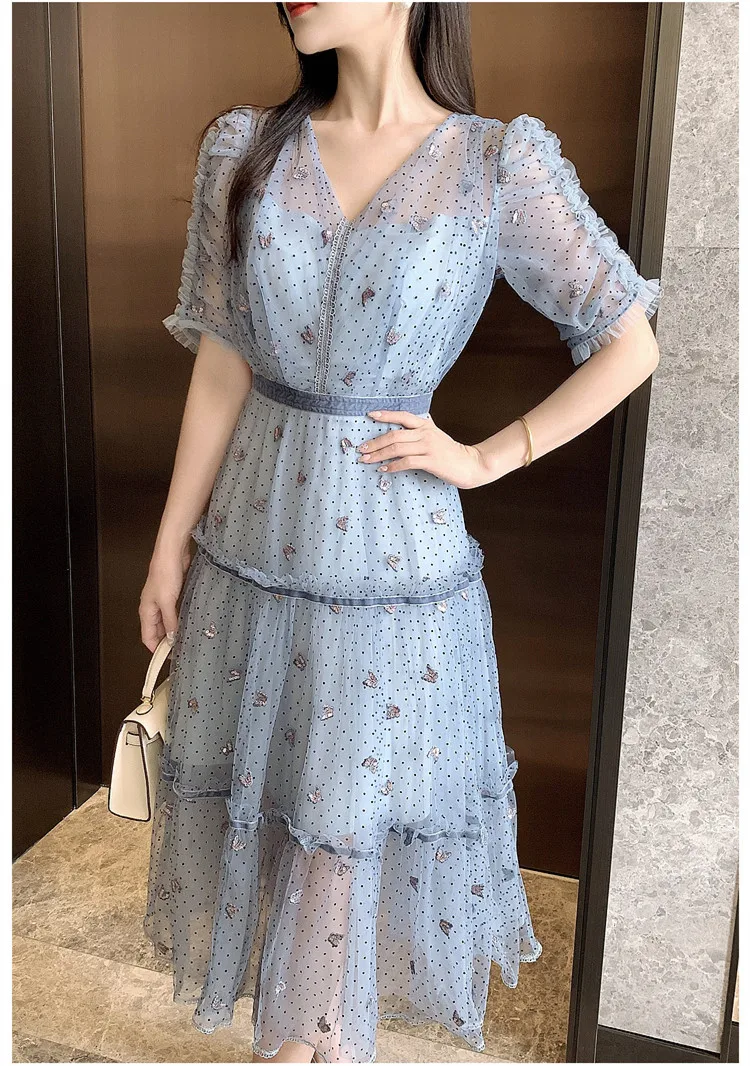 New Fashion Dot Flocking Mesh Fluffy Birthday Party Dress Women Double V-neck Butterfly Embroidery Summer Dress 2024