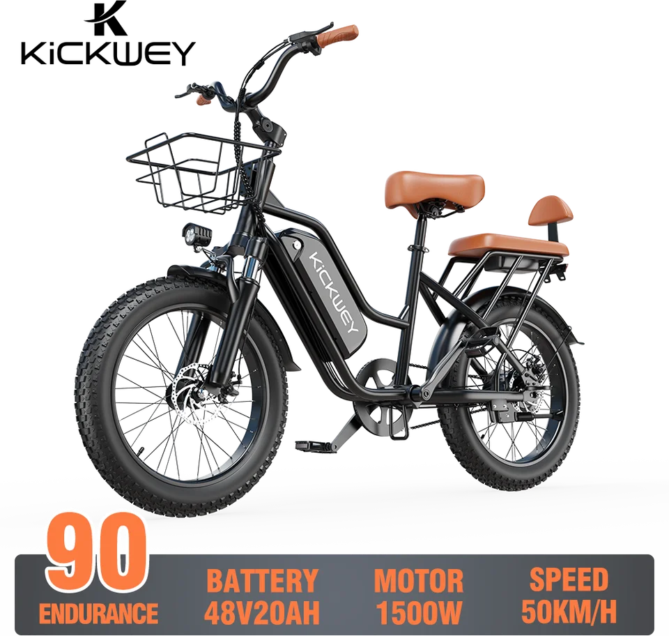 KICKWEY LD20 Electric Bicycle 1500W 48V 20AH 250W Electric Road Bike Double Seat for Women And Kids 20x3.0 Fat Tire Snow E-Bike for Adults image 3
