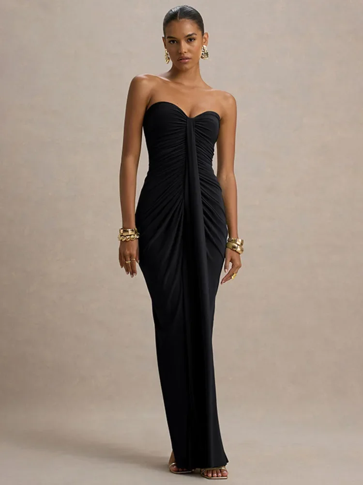 오프숄더 스트랩리스 섹시 맥시 드레스 여성용 가운 우아한 민소매 백리스 바디콘 드레이프드 루치드 클럽 파티 드레스
