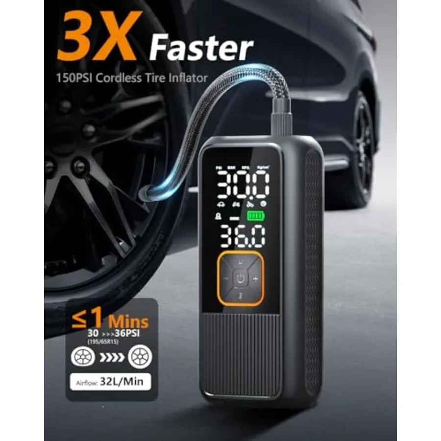 ضاغط هواء محمول لإطارات السيارات مضخة هواء لاسلكية 150 رطل لكل بوصة مربعة مع مقياس ضغط رقمي وميزة إيقاف تلقائي ذكي بإضاءة LED
