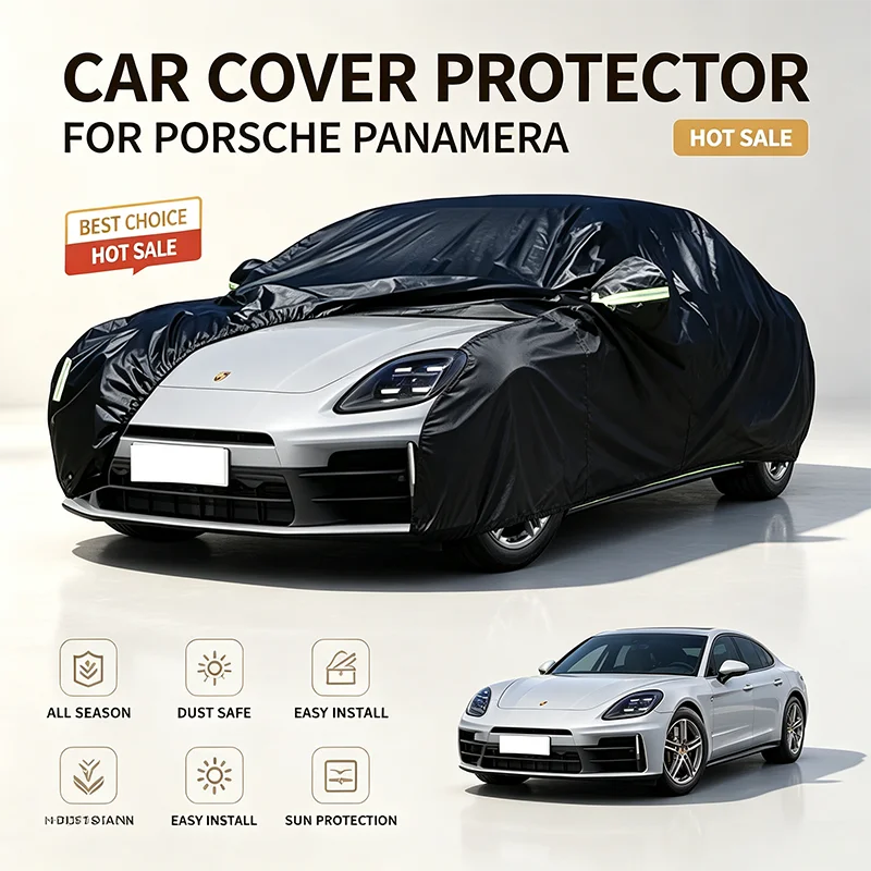 For Porsche Panamera Full Car Cover All Weather Snow Sun UV Dustproof Reflective Strips Wind Straps Outdoor