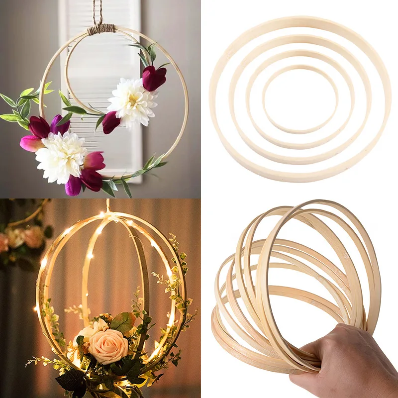 DIY Handmade Catcher Wreath Circle Hoop, Anel De Madeira Redondo, Argola De Bambu, Artesanato Bordado, Casamento e Decoração De Natal, 5PCs, 10-26cm