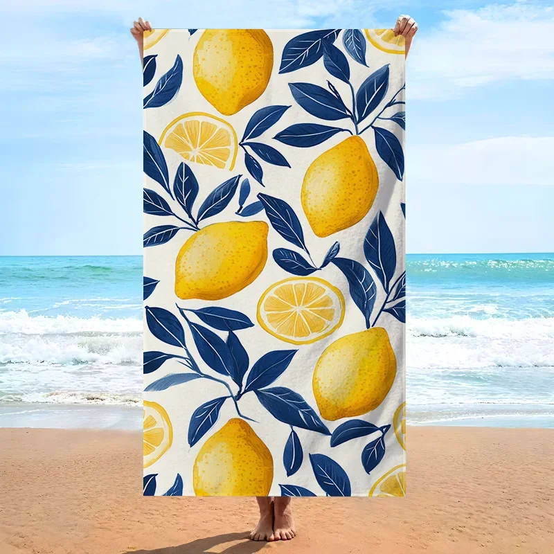 Lemon-patterned beach towel, made of polyester, machine washable, suitable for beach, travel, and camping - durable and portable