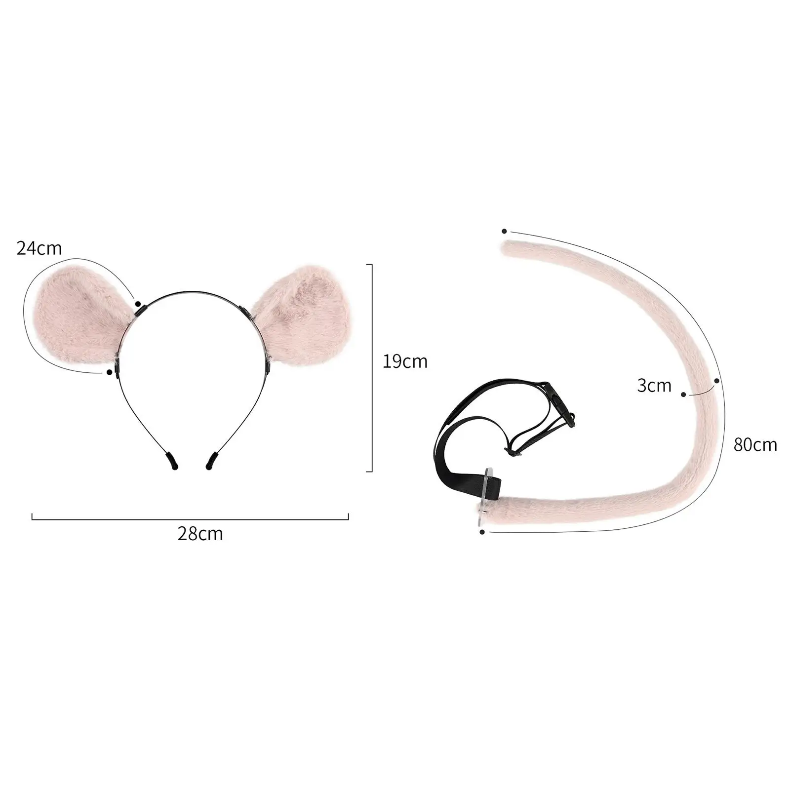 Ensemble d'accessoires de déguisement de souris, oreilles et queue de souris, cerceau à cheveux, 2 pièces