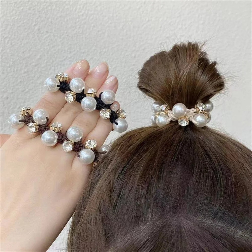 Elegant Pearl Rhinestone Hair Rope for Women Fashion Ball Bun Headband Ponytail Rubber Band Female Ornament Accessories Gifts