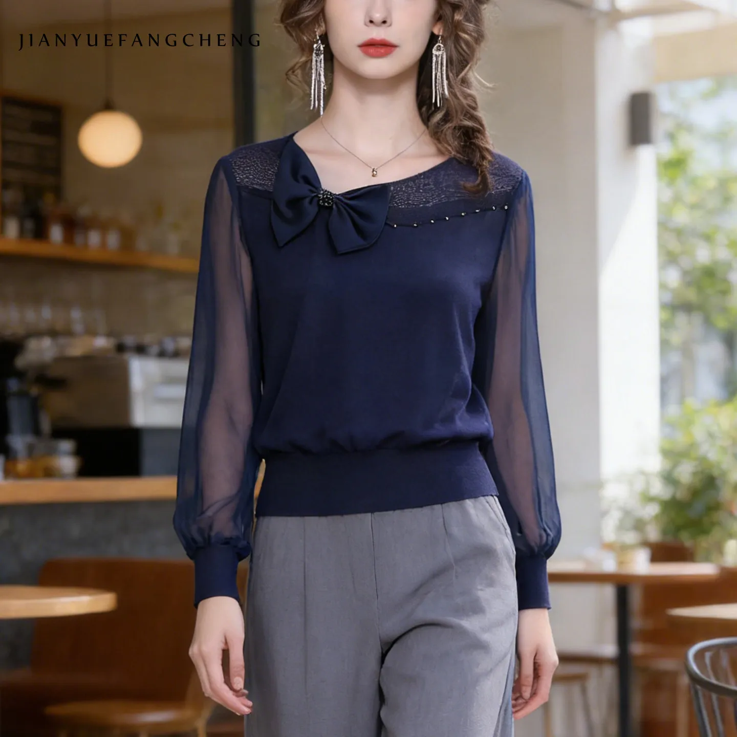 

Elegant Bow-knot Women Long Sleeved Slash neck Pullover Top With See through Sleeves Fashion Casual Spring Summer Knit Blouses