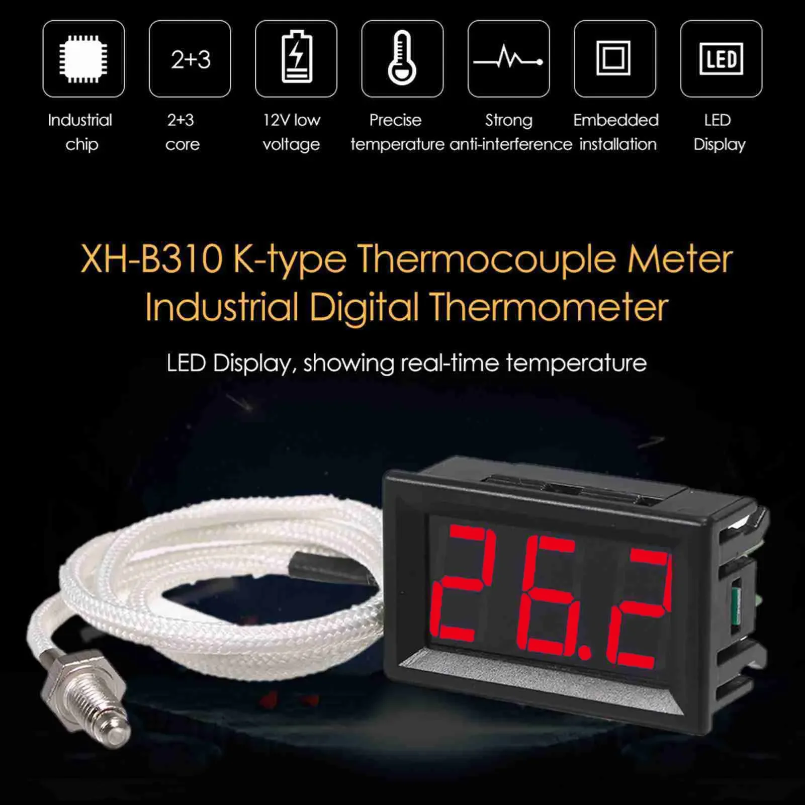 Termómetro Digital Industrial XH-B310, Medidor de Temperatura de 12V, Probador de Termopar Tipo K M6, -30~800 ℃   Termógrafo de Alta Precisión