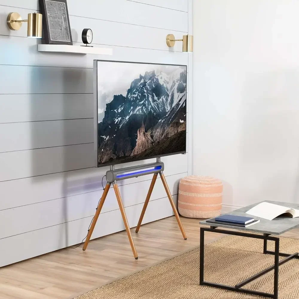 Adjustable 49-70 Inch LED LCD TV Stand with RGB Lighting and Wooden Legs