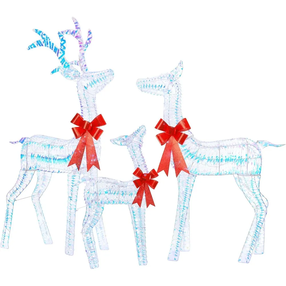 4.5 FT 3D Pre-lit Iridescent Christmas Reindeers Family, 3-Piece Lighted Deer Set with 280 LED Lights, Stakes