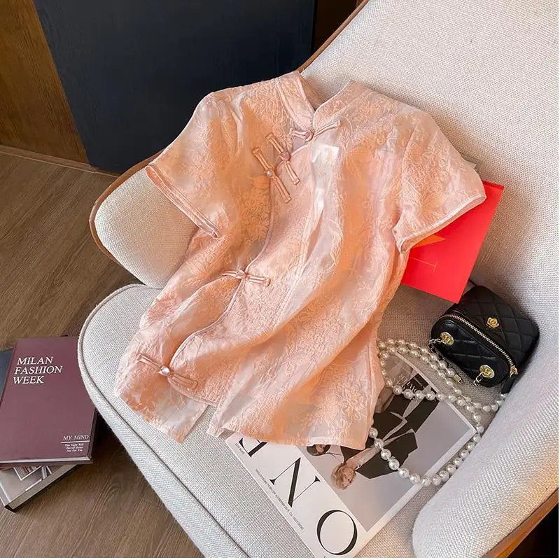 

New 2026 Summer Chinese Style Shirt Women's Short Sleeve Chiffon Fashionable Slanted Button up Top Stand Collar Slim Fit