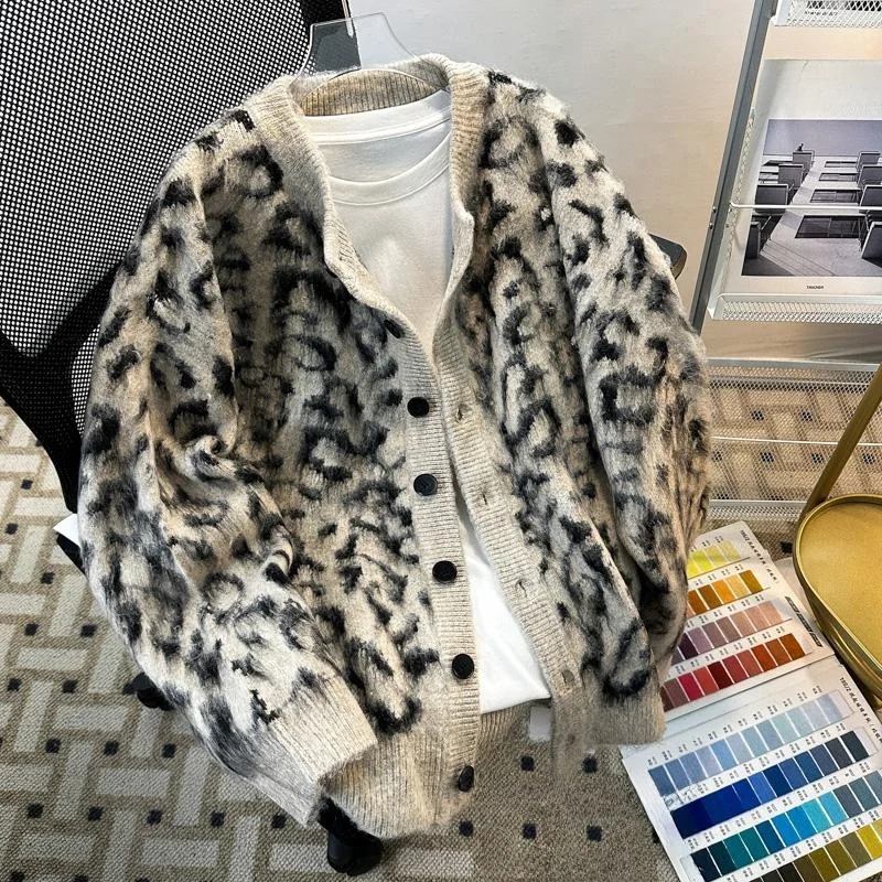 

Мужской мягкий вязаный кардиган Lazin Sle с леопардовым принтом в американском и японском стиле, верхняя одежда для пар, повседневная одежда