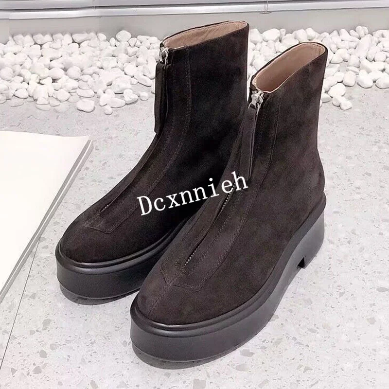 Autumn Winter Thick Sole Short Boots Solid Color Zipper Decor Ankle Boots Handsome Genuine Leather Riding Boots Chelsea Boots