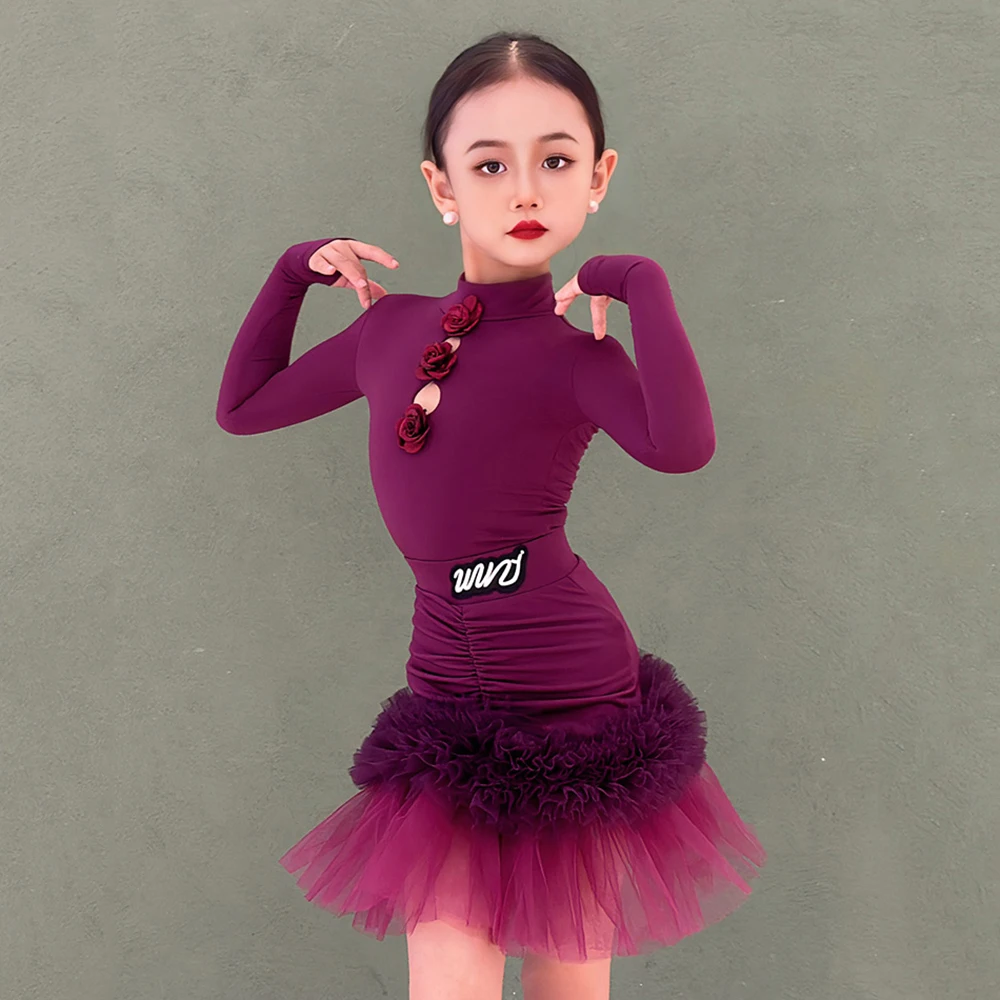 Kids Girls Latin Dance Long Sleeve Bodysuit Fold Ruffles Skirt Children Ballroom Rumba Dancewear Training Performance Costumes