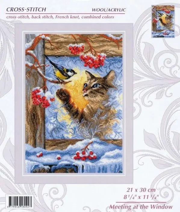 Embroidery Cross Stitch Kits Craft DIY Needlework Cotton Canvas Riolis 2049 Cat and Bird in Front of the Window  Metallic aida