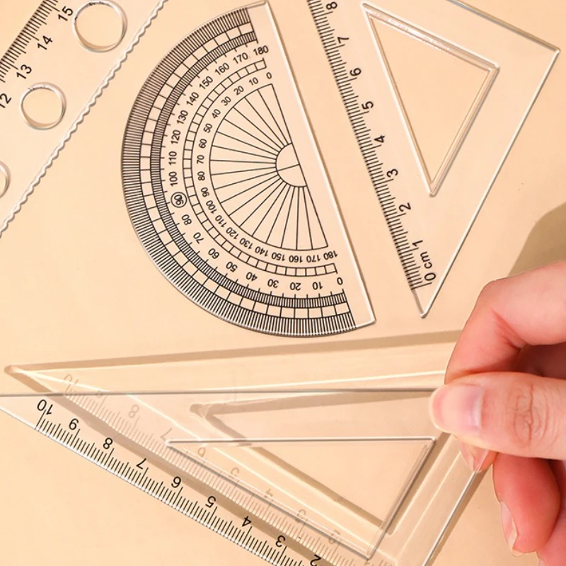 4-Piece Set Transparent Plastic Rulers Straight Rulers Protractors Set Square Kawaii School Stationery Kid Math Stationery