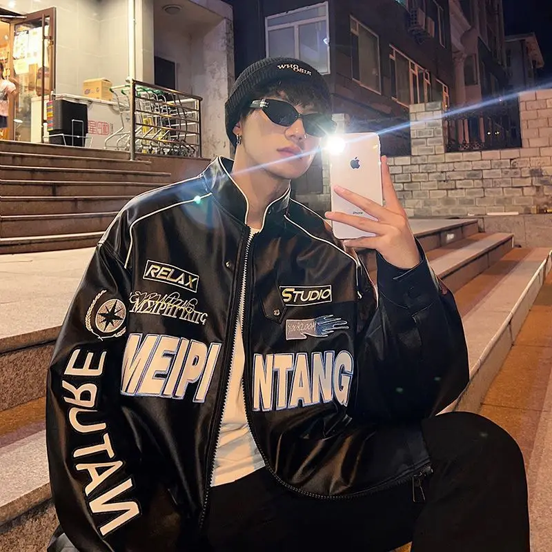 

Spring and Autumn PU leather baseball jacket mens and womens motorcycle racing jacket American pilot jackets men clothing